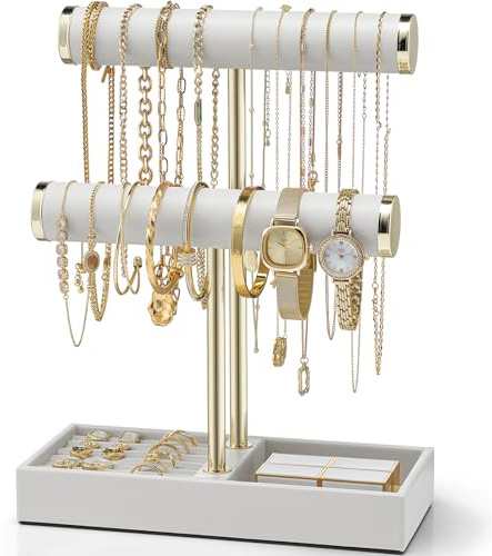 VLANDO Schmuckständer mit Tablett, Wolkenweiß Leder und Gold, Multifunktional für Armbänder, Halsketten, Ringe, FSC-Zertifiziert