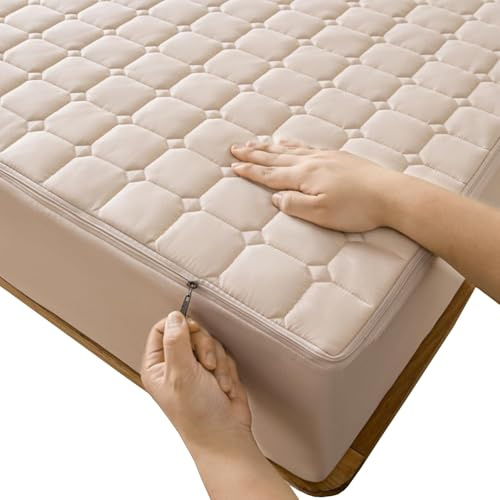 Coprimaterasso con Cerniera Fodera Materasso Matrimoniale/Singolo 160x190/200 Personalizzabile Copri Proteggi Materasso Trapuntato Lavabile Imbottito Lenzuolo(Beige,135x200x12cm)