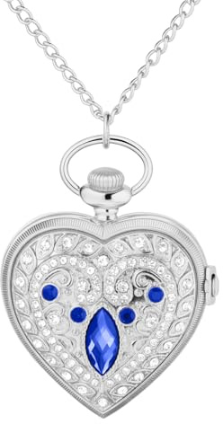 JewelryWe Taschenuhr Damen Vintage Analog Quarz Herz Strass Augen Blumen Muster Uhr mit Halskette Kette Pocket Watch