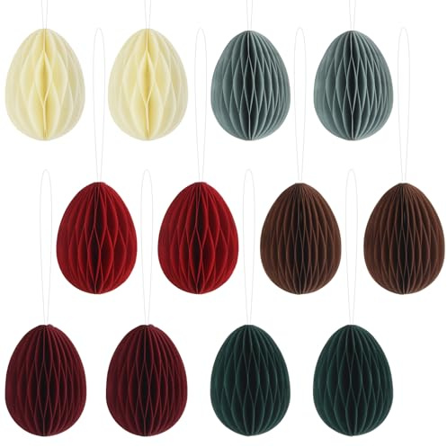 YUE QIN 12 Stück 6 x 8cm Ostereier Papier zum Aufhängen 3D Wabenbälle Deko | Ostereier Osterdeko Eier Deko Osteranhänger 6 Farben Osterfeko für Frühling Ostern Party Deko Osterstrauß Osterstrauchdeko