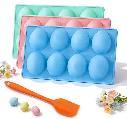 Easter Egg Silicone Mold for Baking, 3-Pack 8-Cavity Non-Stick Egg Shaped Silicone Molds for Baking Cakes, Jello, Ice Cream, and Desserts, Food-Grade Easter Eggs Mold Set (B-1)