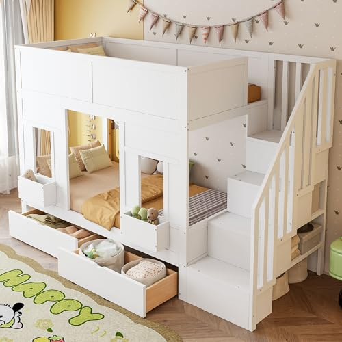 Idemon Letto a castello con scala di stoccaggio e cassetti, grande letto a soppalco 90 x 200 con finestra e cassetti, telaio in legno con ringhiera di sicurezza, adatto per ragazzi e ragazze