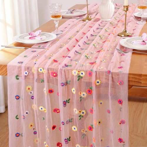 Tüll Stickerei Tischläufer Rosa 72X300cm Käsetuch Tischläufer Chiffon Blumen Tisch Dekoration Gaze Käsetuch Tischdecke Gänseblümchen Table Runner Küche Drinnen Party Geburtstag Tischdeko