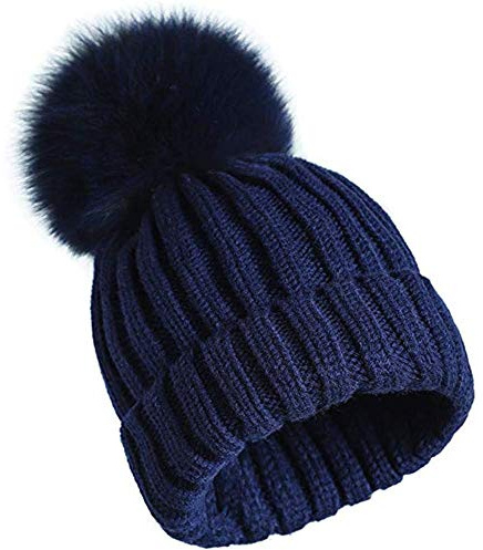 feifanshop Damen Echtfell Fuchspelz Fell Pelz Bommel Strick Mütze Winter-Mütze Bommelmütze