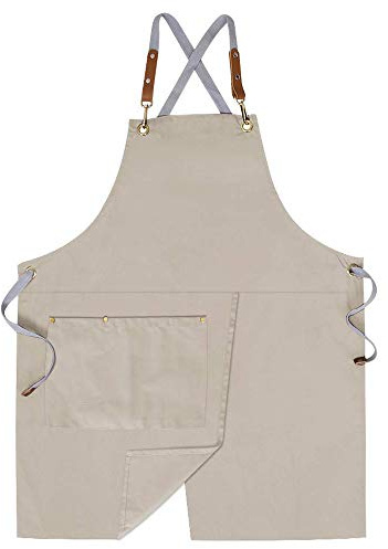 Mignongirl Crossback Apron with Pockets x2,Split Apron with Adjustable Straps,M-XXL (Beige)