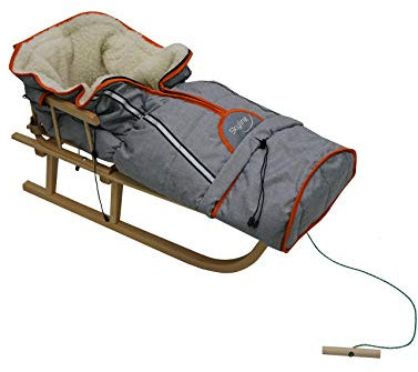 Luge Davos en bois pour enfant à dossier et sangle de sécurité, avec chancelière d'hiver, Naturel/gris.
