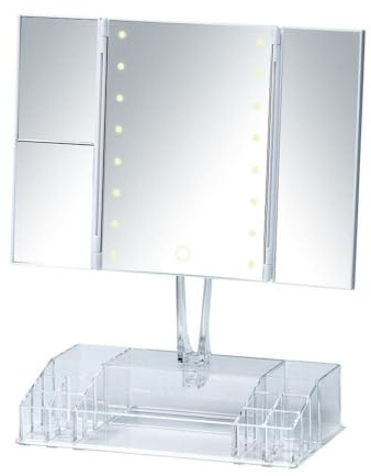 WENKO LED Standspiegel mit Organizer Fanano, Kosmetikspiegel mit LED-Beleuchtung und 3 Seiten, 100% Spiegelfläche und 2-Fach BZW. 3-Fach Vergrößerung, schwenkbar, Touchfunktion, 34,5 x 39 x 16,5 cm