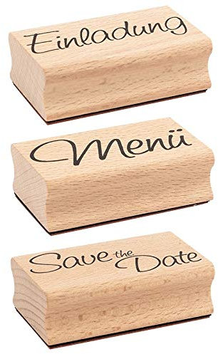 Ideen mit Herz Stempel-Set | 3 Holzstempel mit Sprüchen | je 6,5cm x 4cm x 2,2cm | ideal für Hochzeit, Glückwünsche, Einladungen (Einladung | Menü | Save the Date)