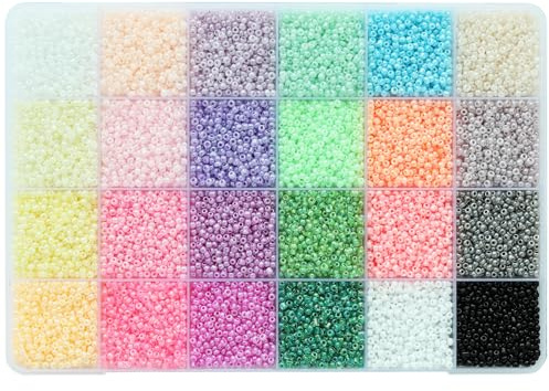 Bala&Fillic Perline Ceylon da 2,4 mm, circa 14400 pezzi in scatola, 24 perline multicolore assortite di dimensioni 11/0 in vetro per la creazione di gioielli (600 pezzi/colore, 24 colori)