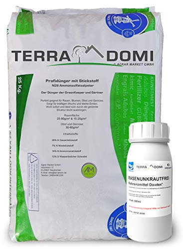TerraDomi N26 Stickstoffdünger 25kg mit 500ml Rasenunkrautvernichter, Referenzmittel: Dicotex für bis zu 600 m2 I unschlagbare Zweifachwirkung, gegen gängige Unkräuter, Herbizid