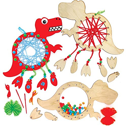 Baker Ross FE129 Traumfänger-Kits in Dinosaurier-Form aus Holz, 4 Stück, Machen Sie Ihren eigenen Traumfänger, Bastelset für Kinder zum Dekorieren und Präsentieren