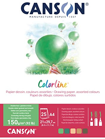 CANSON Colorline, Farbiges Zeichenpapier, Zweiseitig: gekörnt und glatt, 150gsm, 92lb, An der kurzen Seite geleimter Block, A4-21x29,7cm, 5 verschiedene Farbtöne, 25 Blatt - C31074P003