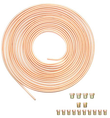 Twilight Garage Car Brake Pipe 32.8FT 3/16 Copper Coated Tubing Set with16 Nut Fittings (10M) for Hydraulic Fuel Transmission System