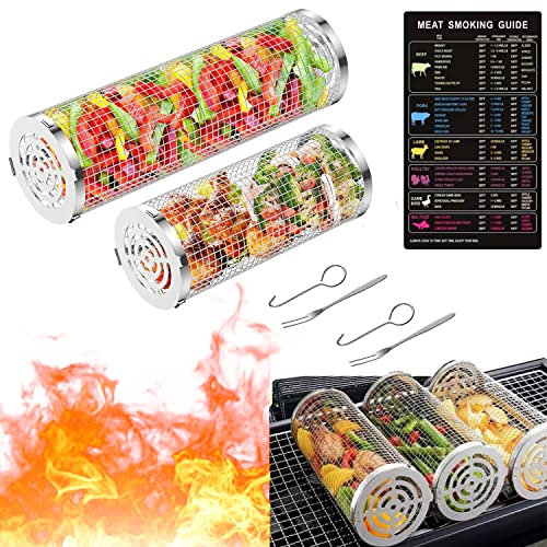 2 Stück Grillkorb Zylindrisch, Rolling Grillkorb Edelstahl Grill Korb mit Griff, Grillkorb Grill Rack für Außengrill Gemüse, BBQ Grillhalter Grill Zubehör für Pommes Fisch Garnelen Camping (L+S)