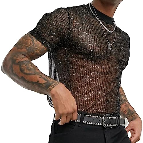 Evankin Mens Sexy Glitter Shirt Top See Through Lace Short Sleeve T-Shirt Sheer Mesh Undershirts to Show Muscle(Black, L)
