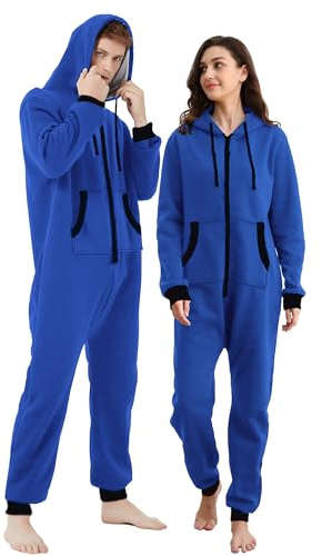 Dodheah Unisexe Onesie Adulte Pyjama à Fermeture éclair Ensemble à Capuche Une Pièce Noël Sleepwear Loungewear Blue Black Zipper L
