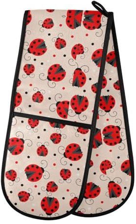 Gants de cuisine doubles rouges coccinelles à pois résistants à la chaleur pour barbecue, cuisine, grillades et micro-ondes