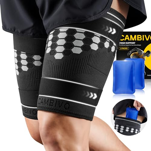 CAMBIVO Oberschenkelbandage 2 Stück, Oberschenkel Reiben Schutz Kompression mit Hot & Cold Gel Pack, mit verstellbare rutschfeste Gurte, Oberschenkelbänder für Sportschutz