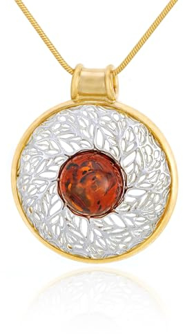 AMBEDORA Collana da donna traforata con ambra, argento sterling lucidato con placcatura in oro, ambra baltica color cognac, argento con ciondolo placcato oro con catena, Oro, Ambra