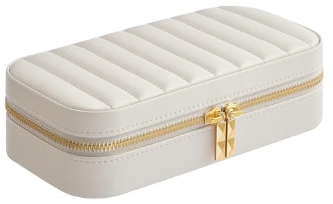 SONGMICS HOME ANAH Collection - Travel Jewellery Box, Small Jewellery Case Organiser with Mirror, 10.5 x 20.5 x 6 cm, PU Surface with Stitching, Portable, Zippers, Gift Idea, Cloud White JBC180W01