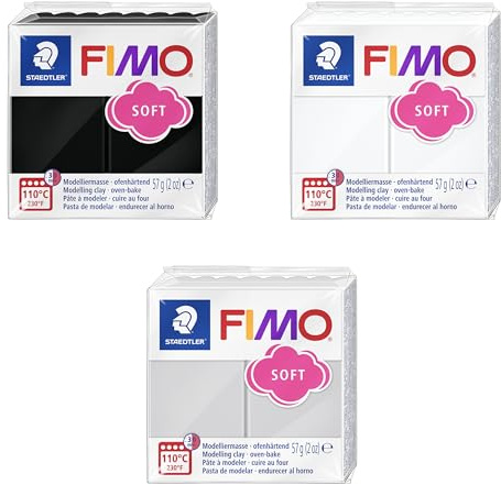 FIMO Soft Polymer Ofen-Modelliermasse - Die beliebtesten Farben - 57 g - Schwarz, Weiß, Delfingrau - 3 Stück