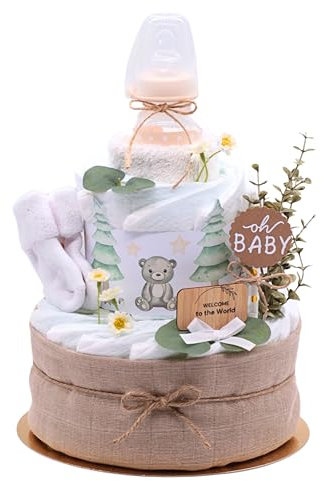 Trend Mama Windeltorte Wald mit Musselintuch,Baby Teeflasche, Spucktuch, Babysocken (Brown)