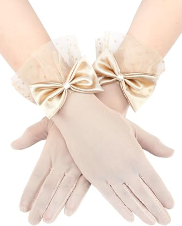 Bencailor Damen-Spitzenhandschuhe, Hochzeit, Tee, Party, Schleife, kurz, elegantes Zubehör für 1920er-Jahre, Opernbeerdigung, Nude, Einheitsgröße