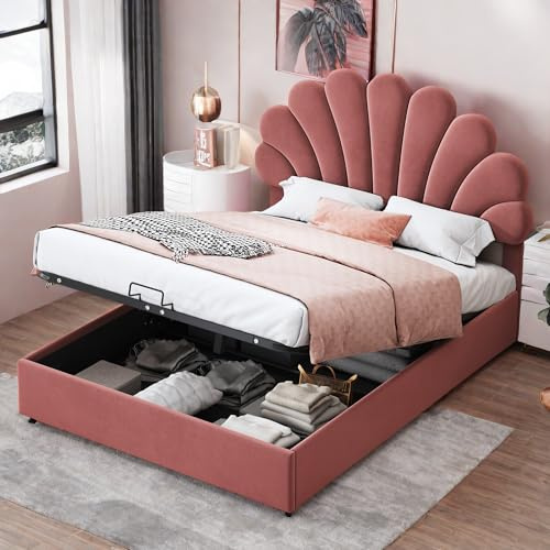 Sapgaks Bettkasten 140 x 200, Bettgestell 140 x 200 cm mit Lattenrost, Doppelbett mit Stauraum, Doppelbett, gepolstert, für Erwachsene, hautfreundlicher Samtstoff, Rosa
