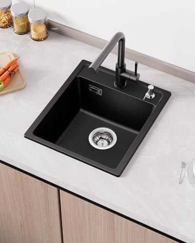 ANYCEE Granit Évier Noir 40x46 cm, 80% Sable Quartz Évier Cuisine 1 Bac, Encastrable avec Siphon pour Meubles Bas à Partir 40 cm Largeur