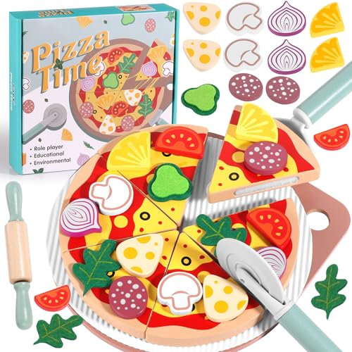 GAGAKU Accessori da cucina per bambini Set per pizza in legno - 27 pezzi Giocattolo da cucina per pizza per bambini 3-8 Set per pizza in legno Accessori da cucina per bambini Gioco di ruolo educativo