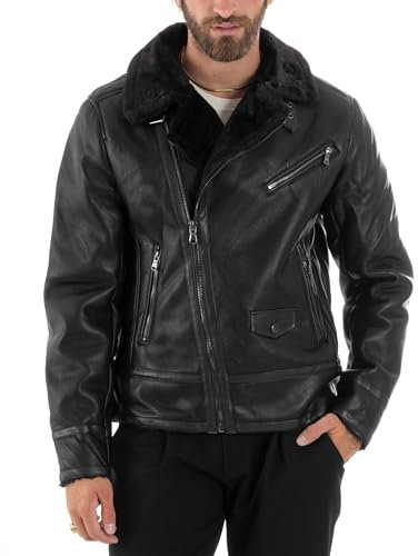 Giosal Giubbotto Montone Uomo Chiodo College Con Zip Giacca Imbottita Calda Aviatore Con Pelliccia Casual Vari Colori (IT, Testo, M, Regular, Regular, Nero2)