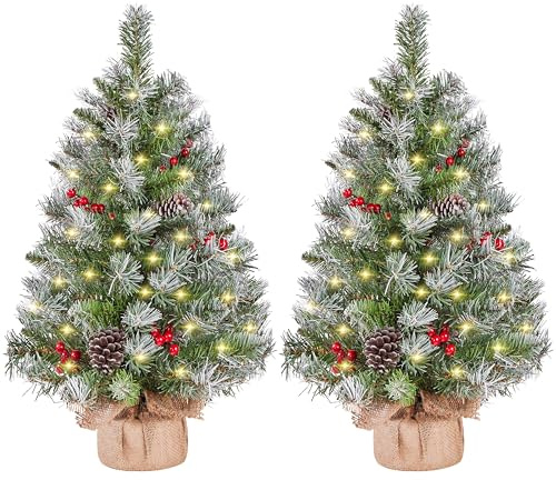 Yaheetech 2PCS 92cm Mini Künstlicher Weihnachtsbaum mit Schnee inkl. 50 LED | Kleiner Tischbaum Tannenbaum Christbaum mit Warmweiß Beleuchtung & 70 Roten Beeren & 10 Tannenzapfen für Weihnachtsdeko, Grün
