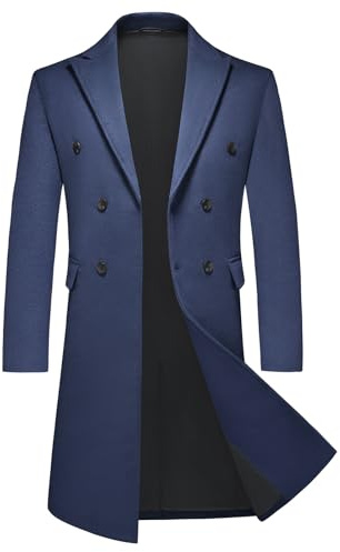 KUDMOL Lång herrock dubbelknäppt ylleblandning rock vinter varm herr trenchcoat, Marinblå, XL