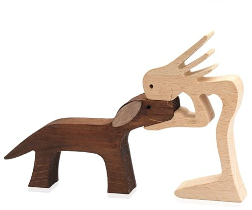 TESSTSY Holzfiguren Skulptur Ornamente Set, Holzschnitzerei von Hunden und Menschen, Abstrakte Stil Menschen mit Hund Statue, Holzschnitzerei für Hunde für Zuhause, Büro, Schlafzimmer (Frau und Hund)