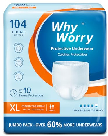 WhyWorry Culottes Incontinence pour Homme et Femme, Couche Culotte Adultes pour Fuites Urinaires, Slips Absorbants Jetables, Contrôle des Odeurs, Unisexe, Taille XL, 104 Unités (4 Lot de 26)