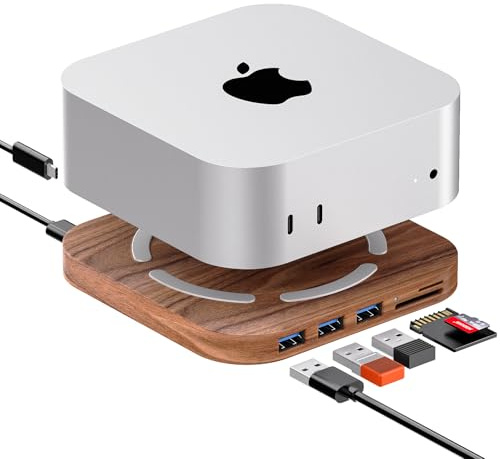 AODUKE Soporte de base de madera de nogal para Mac Mini M4, accesorios Mac Mini M4, Mac Mini M4 Pro HUB, estación de acoplamiento MacMini2024 con 2 USB 3.0 de 5 Gbps, lectores de tarjetas
