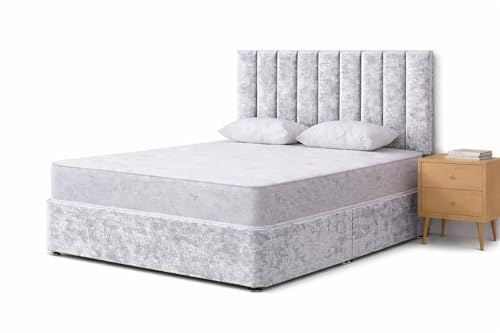 CALISMA Designer Divan Bed Base with Gio Headboard, 4 Drawers, Silver Crush Velvet, Multiple Sizes (silver crush, 5ft kingsize)