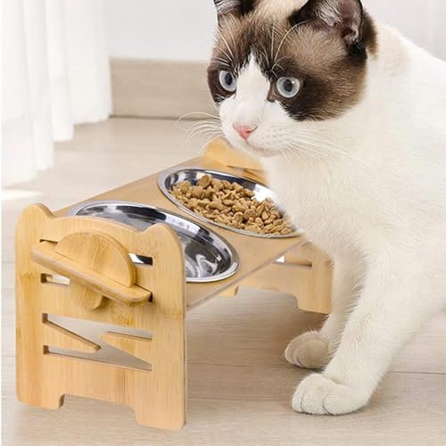 Shakub Futternapf Fressnapf Hunde Katzen Edelstahl,Hundenapf Katzenapf Holz,2-in-1 Höhenverstellbarer Wassernapf,Geneigt Futterstation für Katzen und kleine Hunde