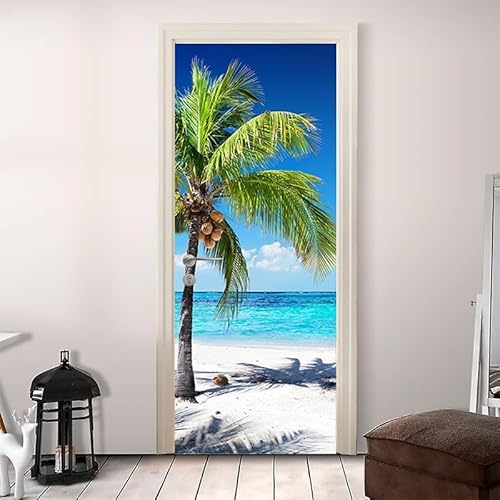 Türtapete Selbstklebend Tropische Palmen Türfolie Türposter 3D Fototapete Meerblick Türaufkleber Abnehmbar Tür Aufkleber Wandtattoo für Kinderzimmer Badezimmer 77x200 cm G/T2034