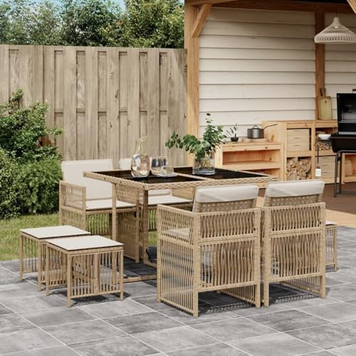 IKAYAA Polyrattan Gartenmöbel Set für 8 Personen, Garten Sitzgruppe, Rattan Essgruppe, Gartengarnitur, Sitzgarnitur, Terrassenmöbel Set, Gartentisch mit 8 Stühle & Kissen Beige und Creme