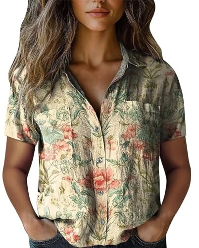Linen Blouses for Women UK Boho Floral Summer Tops Short Sleeve Ladies Retro Tunic Top Ladies Loose Casual T Shirt Holiday Essentials