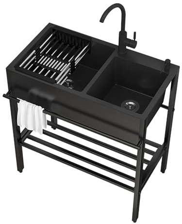 Freistehende Edelstahl Spültisch, Waschbecken Ausgussbecken, Waschtisch Mit Wasserhahn, Für Waschraum Badezimmer, Garten, Camping, Schwarz(68 * 45cm/26.8 * 17.7in)