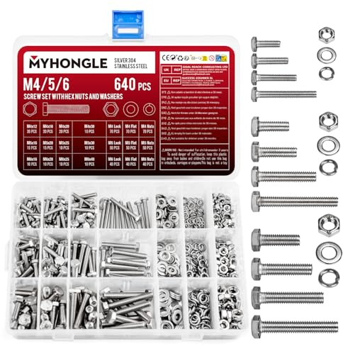 640 Pcs Hex Bolts and Nuts Set, M4 M5 M6 Machine Bolts and Hex Nuts and Lock Washers and Flat Assortment Kit, Stainless Steel Full Thread with Spring Washers (640)