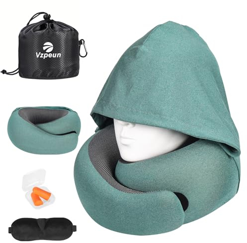 Vzpeun Travel Pillow - Hooded Neck Pillow Airplane Memory Foam Filling for Plane, Office, Cars Sleeping, Road Trip, Long Flights, Airplane Travel Essentials, Includes Eye Mask & Earplugs (Green)