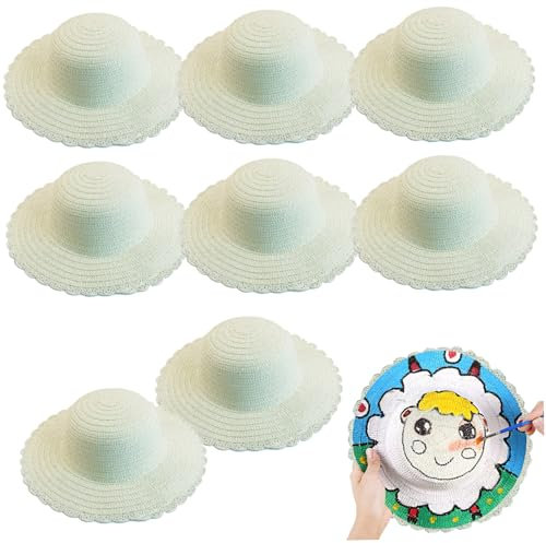 Lawnrden Straw Hats, 8pcs DIY Set Unpainted White Straw Hat Kids Handmade Cap Beach Sun Hat Tea Party Dress Up for Mexican Art Painting Girl Toys