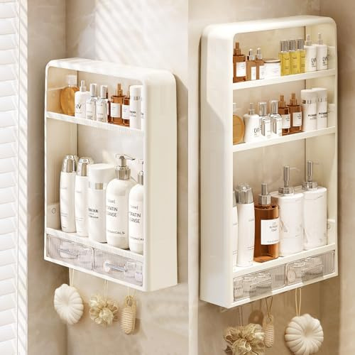Hoiwio Duschablage Ohne Bohren Badezimmer Organizer - 3 Etagen Dusche Regal mit Schubladen und Haken, Badregal Badezimmermöbel für Die Wand Platzsparend, Bad Aufbewahrung