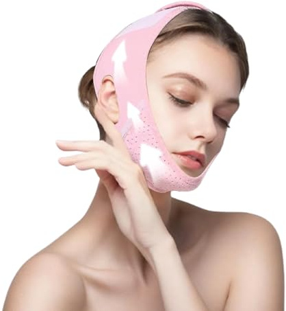 FAINCA Dubbelhake Avtagare V Ansiktsmasker Tvättbar V Linje Lyftmask Justerbar Hakmask Andningsbar Dubbelhake Stram Unisex Ansiktslyftband Jawline Mask för Lyftformning (Rosa)