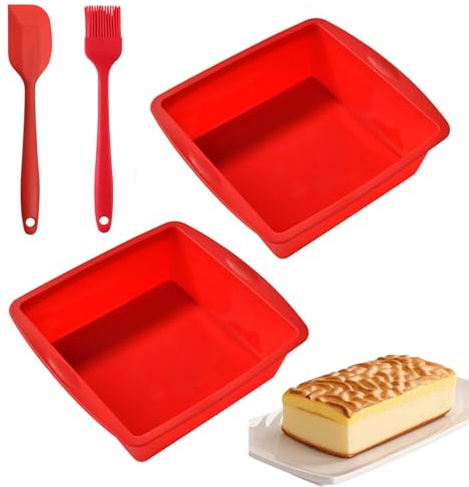 Square Shaped Cake Tin, 2PCS Silicone Square Baking Tin, 8 Inch Moulds BPA Free Baking Tray, Reusable Cake Baking Pans for Muffins Puddings Bread(Red)