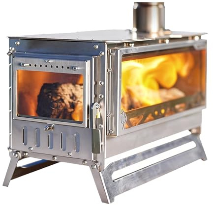 Poêle à Bois Portable pour Camping, Poele Bois en Acier Inoxydable avec Fenêtre de Visualisation pour L'extérieur, La Cuisine, Les Pique Niques et Les Voyages en Camping Car(43x24x30cm/17x9.5x12in)