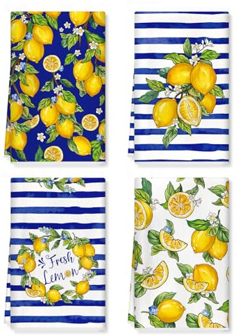 Arquiel Set 4 Strofinacci Cucina Mediterraneo, Limone Estate Blu, Canovacci Misto Cotone 380gsm Spessi e Assorbenti, Idea Regalo per la Casa Decorazione Cucina, 42x70 cm